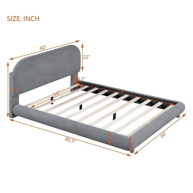 Lit plateforme rembourré pleine grandeur gris/beige, en polaire Teddy, pour 2 personnes