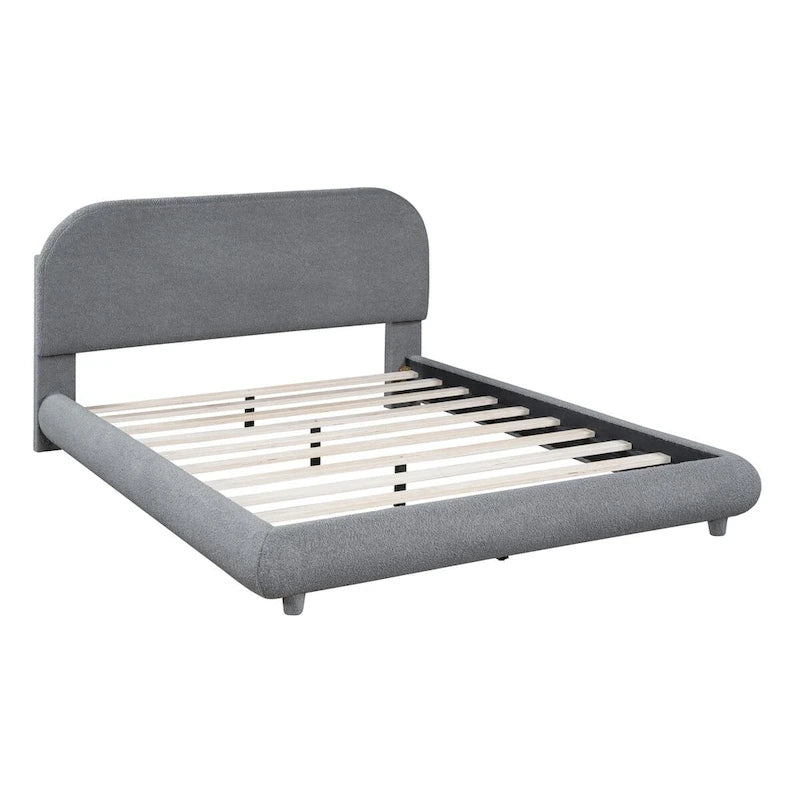 Lit plateforme rembourré pleine grandeur gris/beige, en polaire Teddy, pour 2 personnes