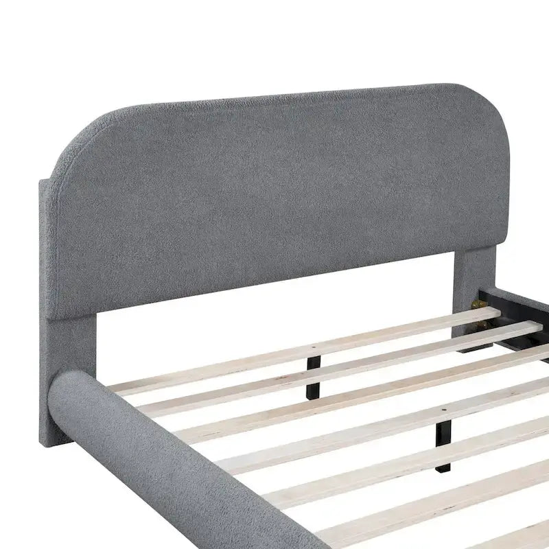 Lit plateforme rembourré pleine grandeur gris/beige, en polaire Teddy, pour 2 personnes