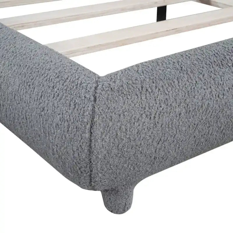 Lit plateforme rembourré pleine grandeur gris/beige, en polaire Teddy, pour 2 personnes